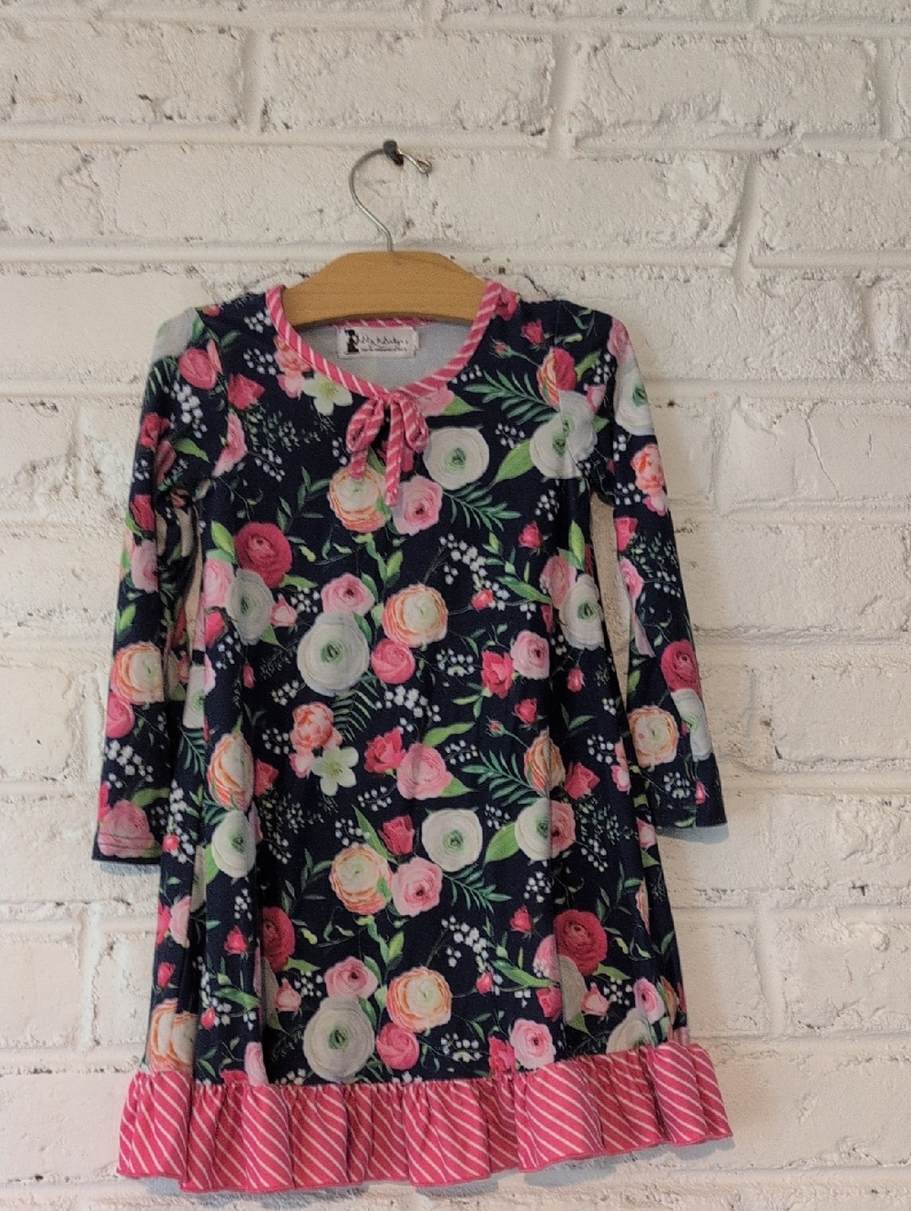 Lily And Londyn Navy Floral Long-Sleeve Nightgown/Dress with Pink Ruffle